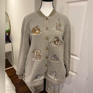 Vintage Safari Animal Embroidered Cardigan Lion Zebra Giraffe Sweater
